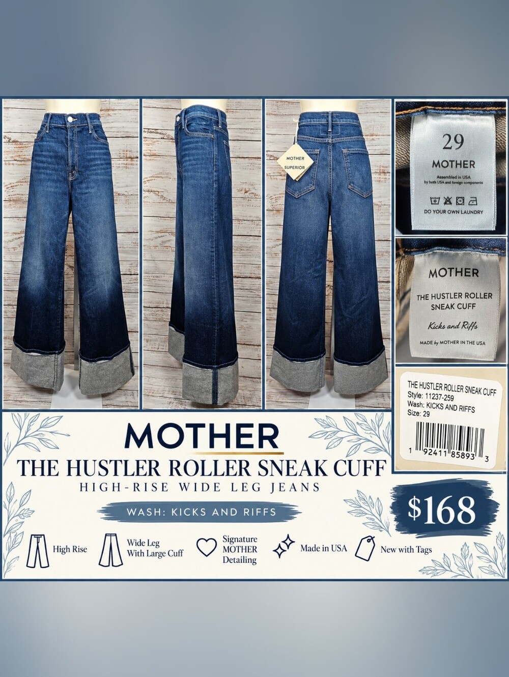MOTHER Hustler Roller Sneak Cuff High Rise Wide Leg Jeans 29 Kicks and Riffs NWT